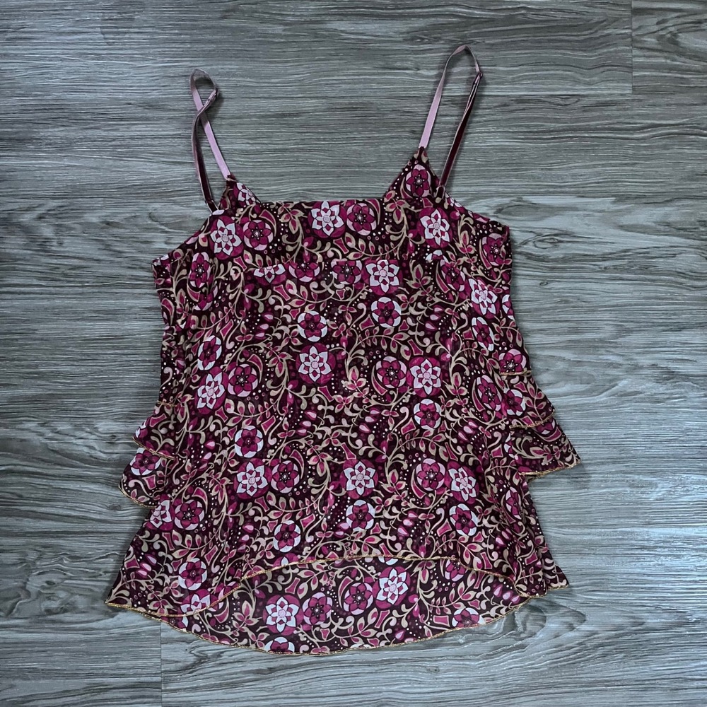 Vintage Guess Jeans Floral Tiered Ruffle Cami Top Pink Purple Metallic Gold M